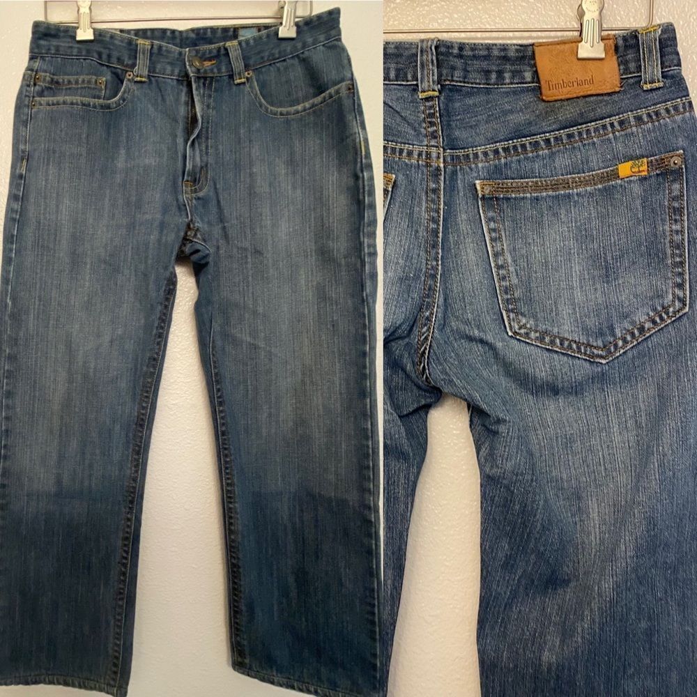 Timberland straight leg mens medium wash 100% cotton denim jeans -32x27 short